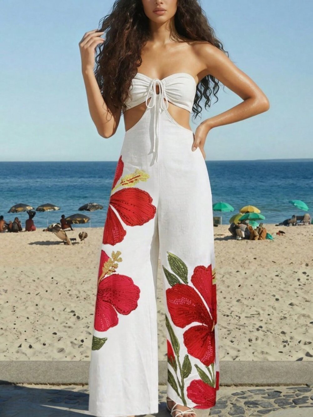 Boho Women's Floral  Tie Front Hollow Outw waist Bandeau Wide Leg Jumpsuit
